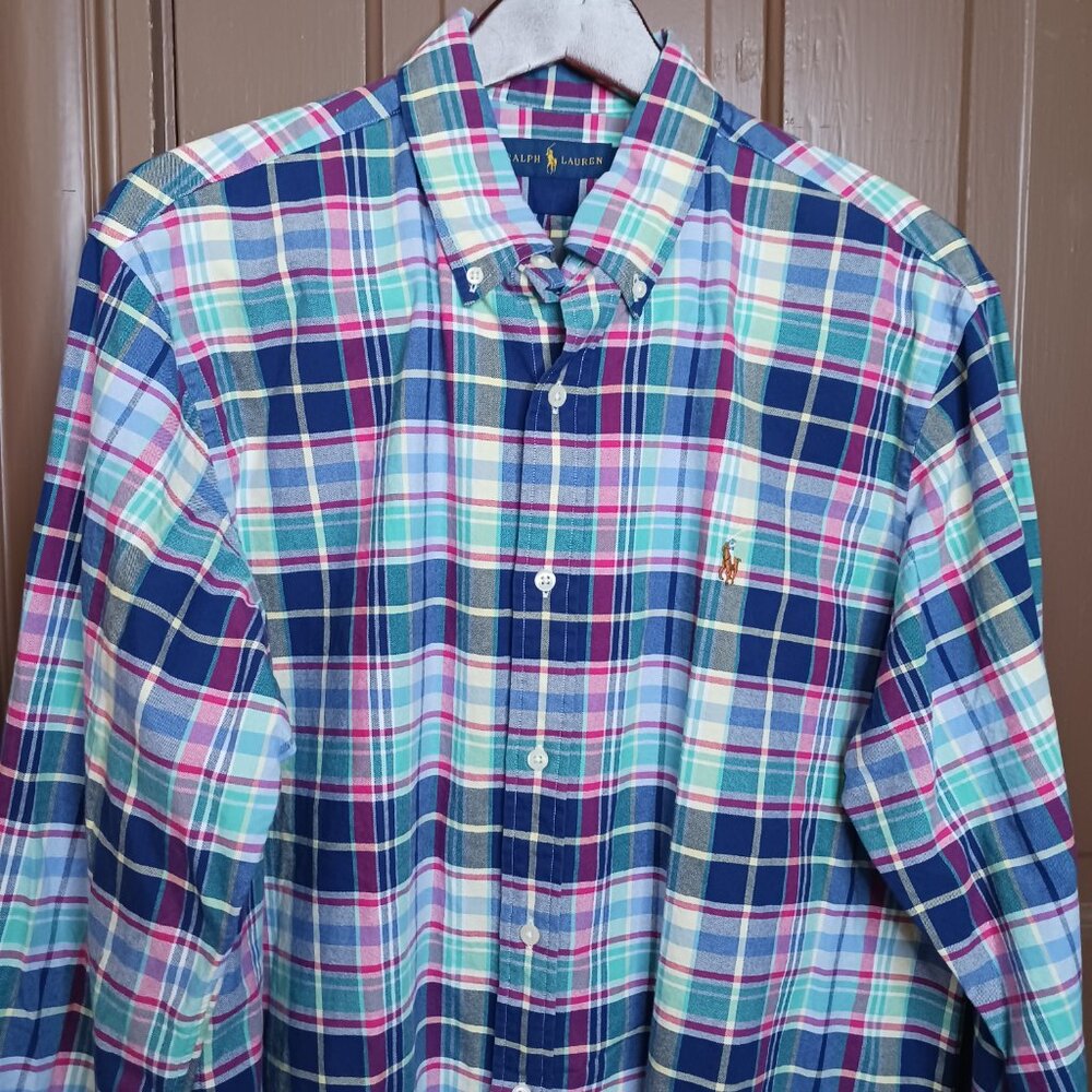 Polo Ralph Lauren Men's Navy Green Long Sleeve Slim Fit Plaid Shirt size XL - Picture 2 of 10